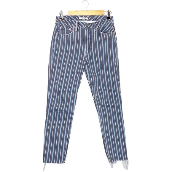 GRLFRND 27 Jeans Karolina High Rise Crop Taffy Blue Striped Raw Hem Button Fly - Picture 1 of 8